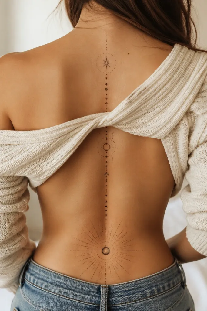 The spine tattoo is a vertical halo made of dots that get brighter toward the center, with a soft gradient. The tramp stamp is a smaller, brighter halo placed at the upper hips, aligned to the spine centerline.