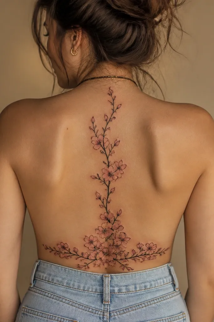 A branching sakura tree runs vertically along the spine with small blossoms in soft muted pink. At the lower back, a horizontal cluster of cherry blossoms sits centered, with branches that point back toward the spine trunk.