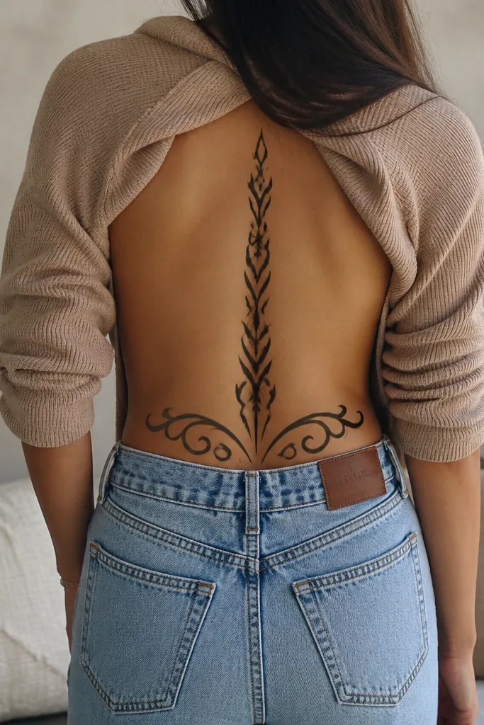 A bold black spine stripe runs vertically with angled grooves and small crosshatch. The tramp stamp has two mirrored scroll shapes left and right of center that curve upward and meet the stripe's lower section.
