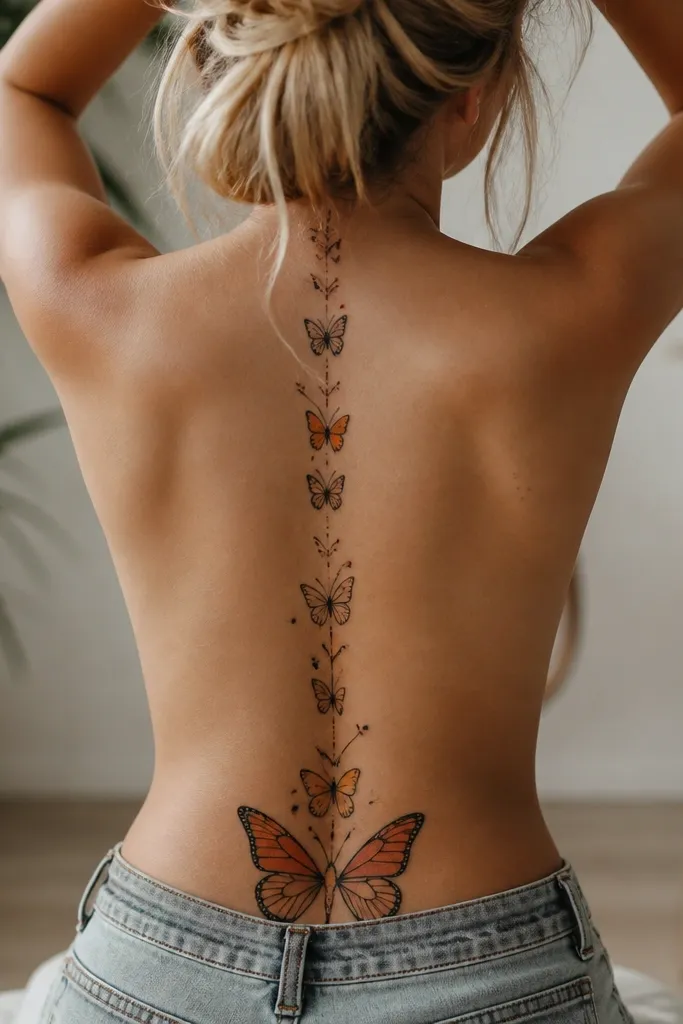 A spine tattoo shows a mostly black butterfly outline with a small orange color-block patch near the center. At the lower back, a second butterfly sits at the tramp stamp area with a matching orange patch on the wing.