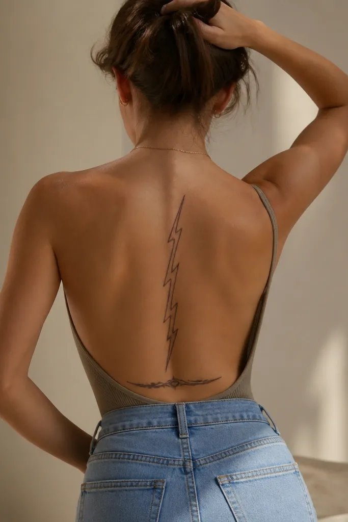 A jagged lightning bolt runs vertically along the spine in black linework. A horizontal bar sits at the lower back like a break in the bolt, with the bolt splitting above and below the bar while the bar has small notch cuts.