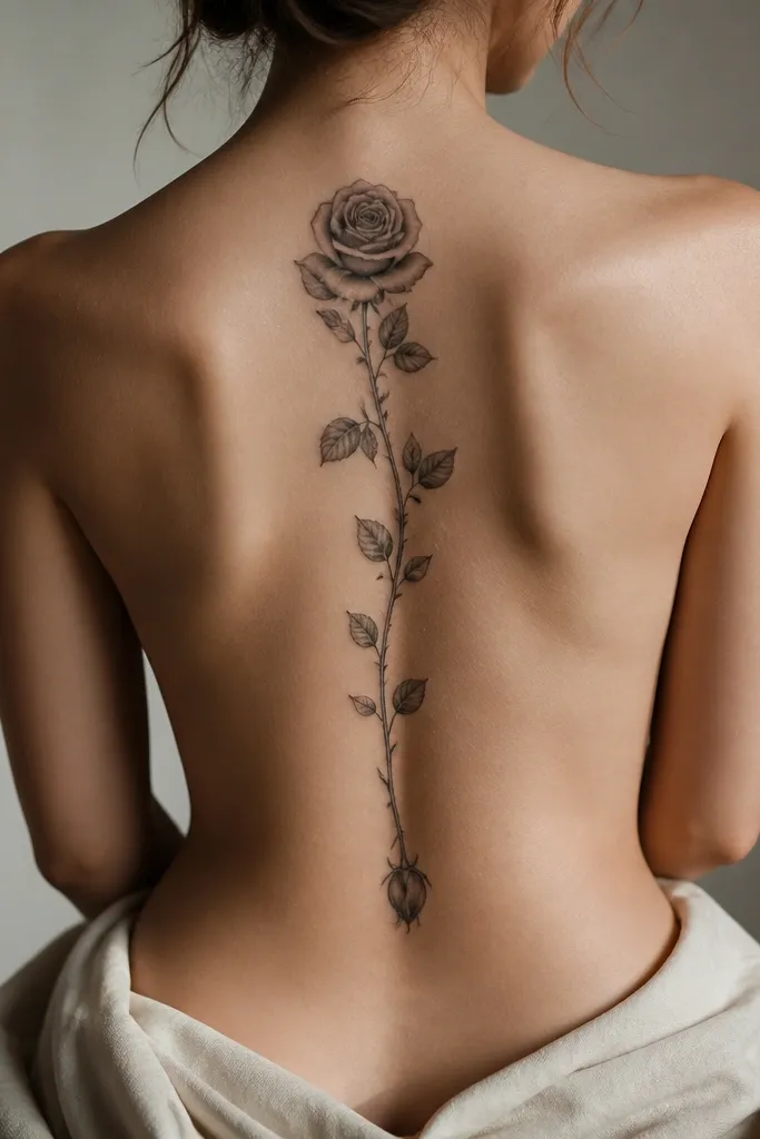 A black-and-gray rose climbs the spine vertically; at the lower back there's a smaller bud placed directly across from the rose's midpoint, both shaded in soft gray.