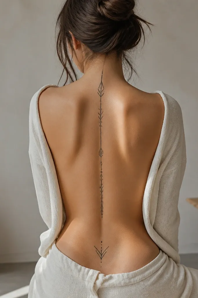 A geometric arrow tattoo runs down the spine with clean black lines; the tramp stamp shows a small mirrored geometric shape centered at the lower back.