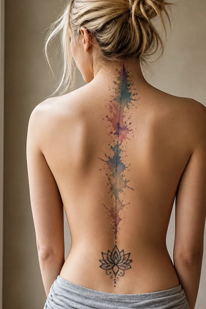 A watercolor-like spine tattoo shows soft color splashes fading down the back; the tramp stamp is a solid outlined symbol at the lower back with muted matching colors.