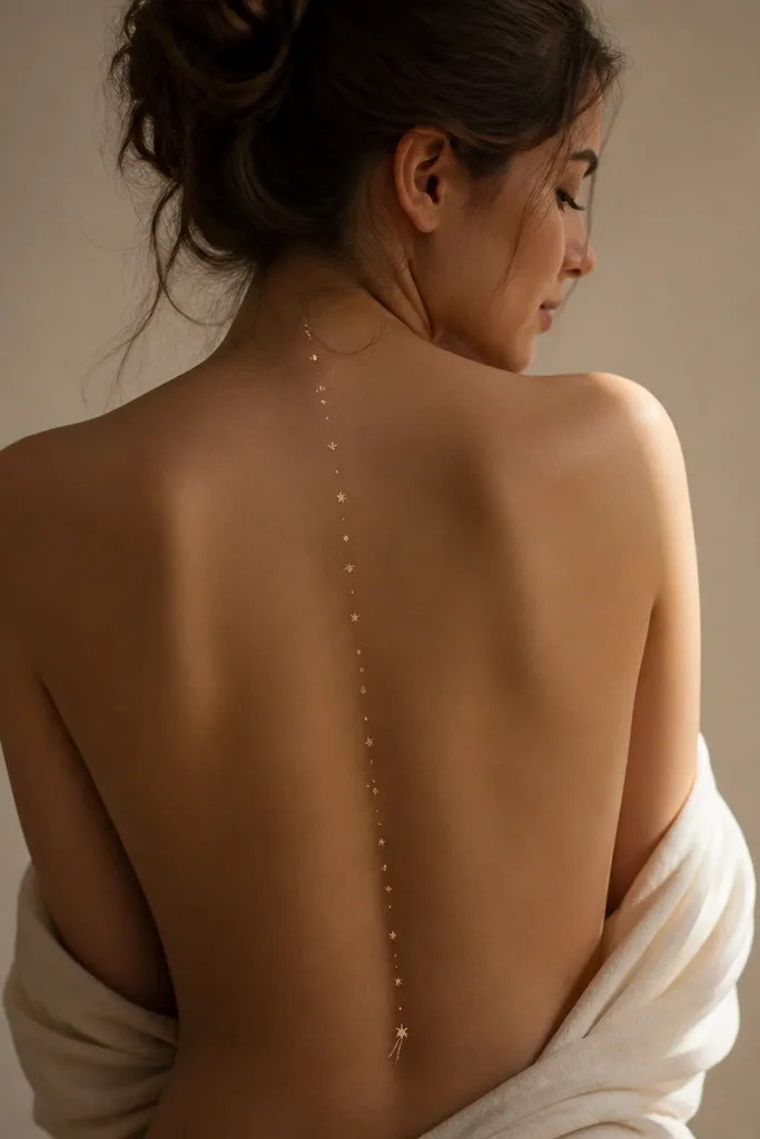 Tiny star specks and small dots are arranged along the spine; at the lower back there's a single small comet with a short tail.