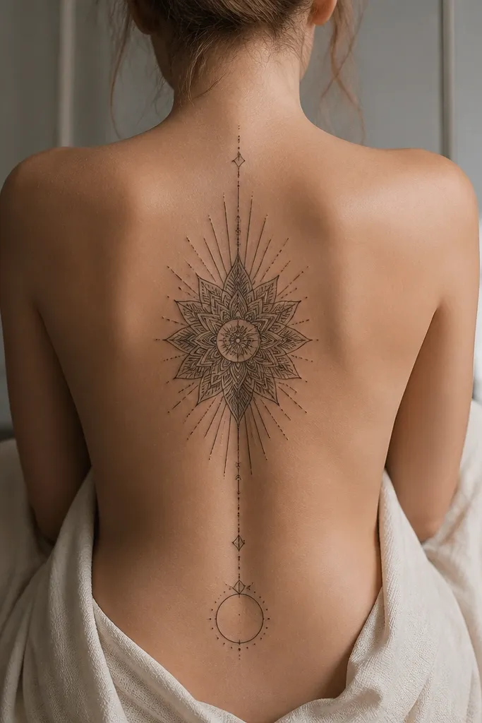 A blackwork mandala sits vertically along the spine with radiating lines; at the lower back is a smaller mandala fragment made of dotwork and a single ring.