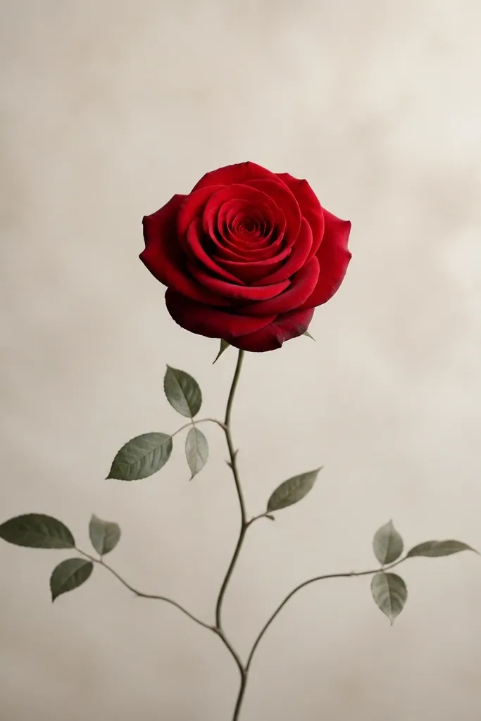 A single red rose at the center with a thin green-grey vine trailing downward and outward; the stem narrows as it approaches the lower edge, with small leaflets near both sides.