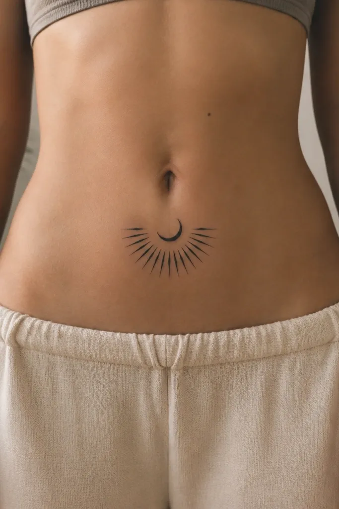 A small black moon sits near the center with a sunburst of short triangles radiating outward in a semicircle; the rays are evenly spaced and stop before the hip bones.