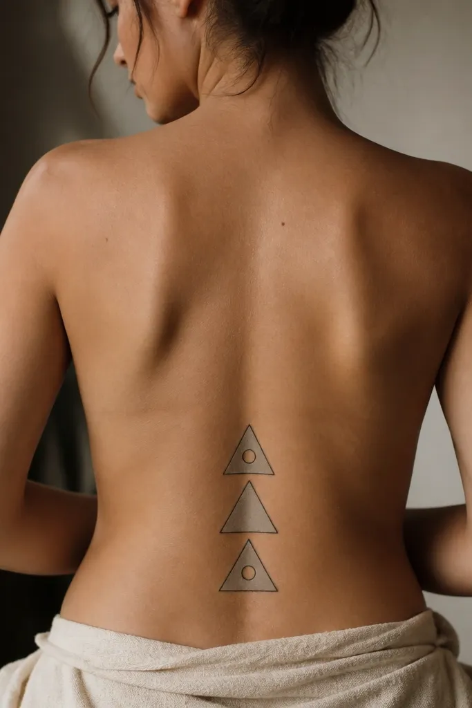 Three stacked triangles centered on the lower back, each outlined in black and filled with light grey; two triangles have negative-space cutouts shaped like small circles.