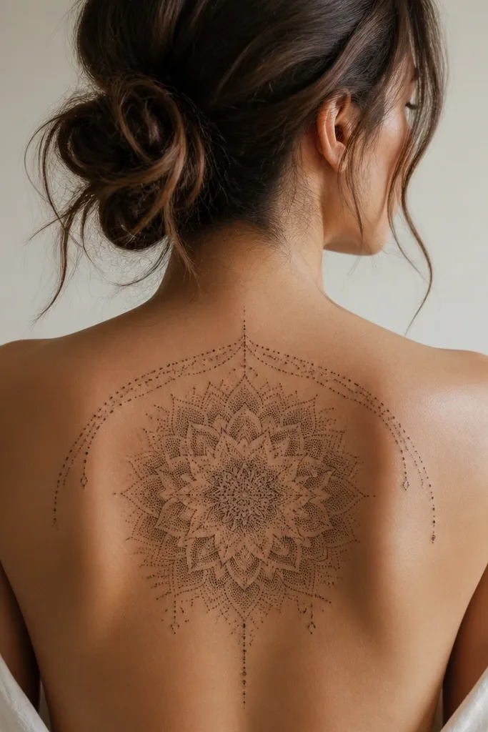 A dotwork mandala sits centered with a half-frame border that wraps the top and sides; the dots vary in density to create petals and a soft gradient glow.