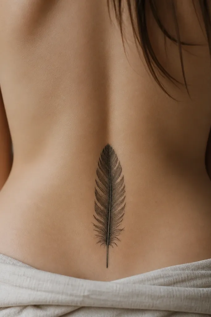 A single black feather centered on the lower back, with fine line veins branching from a central shaft; the edges have small dot shading and a few tiny feather barbs.