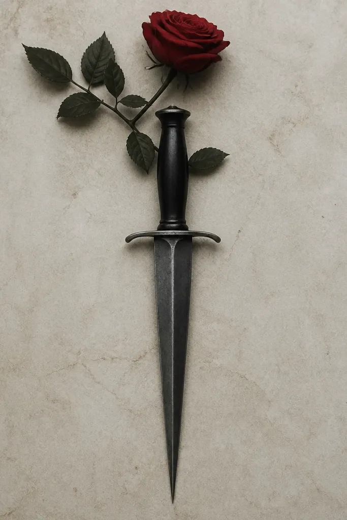 A dagger centered with a black-and-grey blade, surrounded by a small red rose at the top; the dagger tapers to a fine point and has a simple guard.