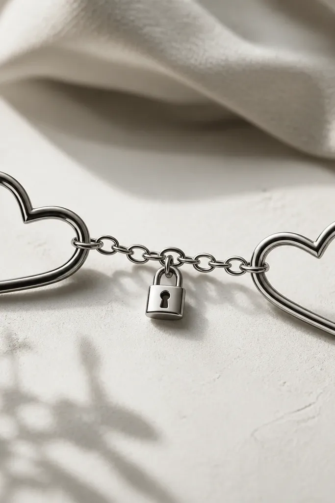 Two outlined hearts connected by a short chain; a tiny lock charm hangs from the chain near the center, with thin black linework and minimal grey shading.