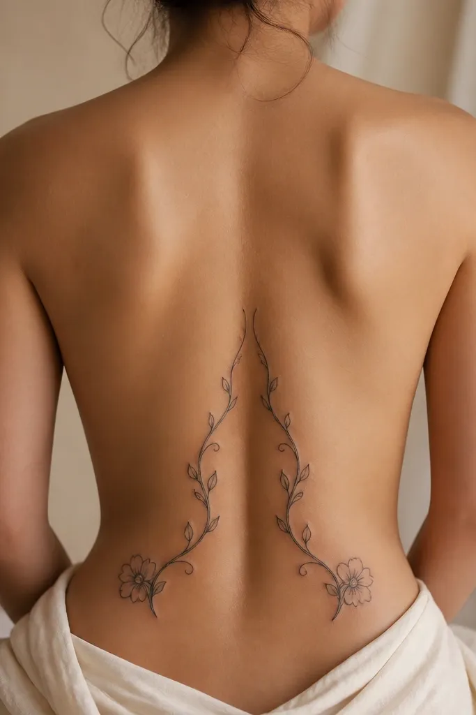 A vine starts near the spine on one side, curls toward the hip, and mirrors on the other; small flowers bloom near the outer corners with black outlines and light grey shading.