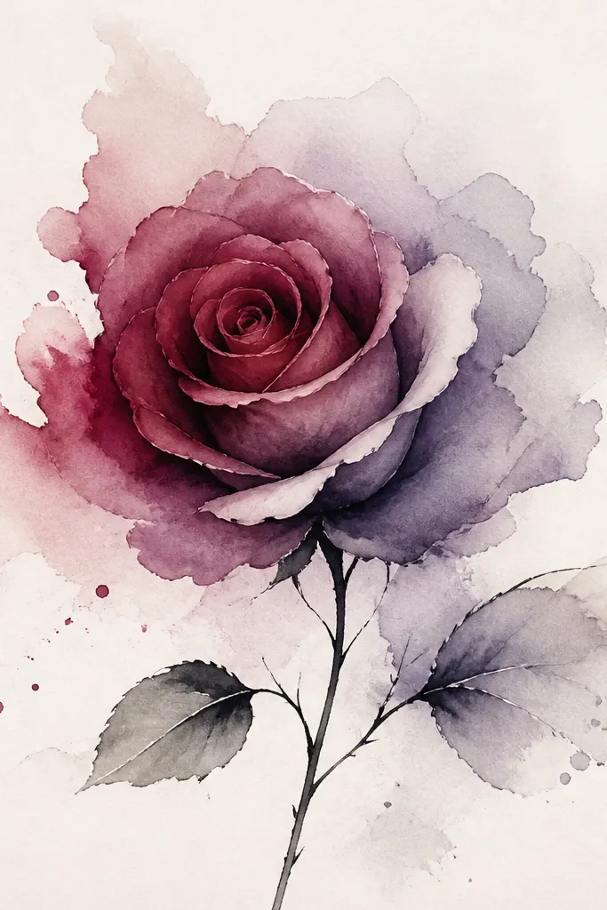 A rose shape in the center with watercolor-style edges; the petals fade from deep burgundy into muted lavender and grey, with a few crisp black stems lines.