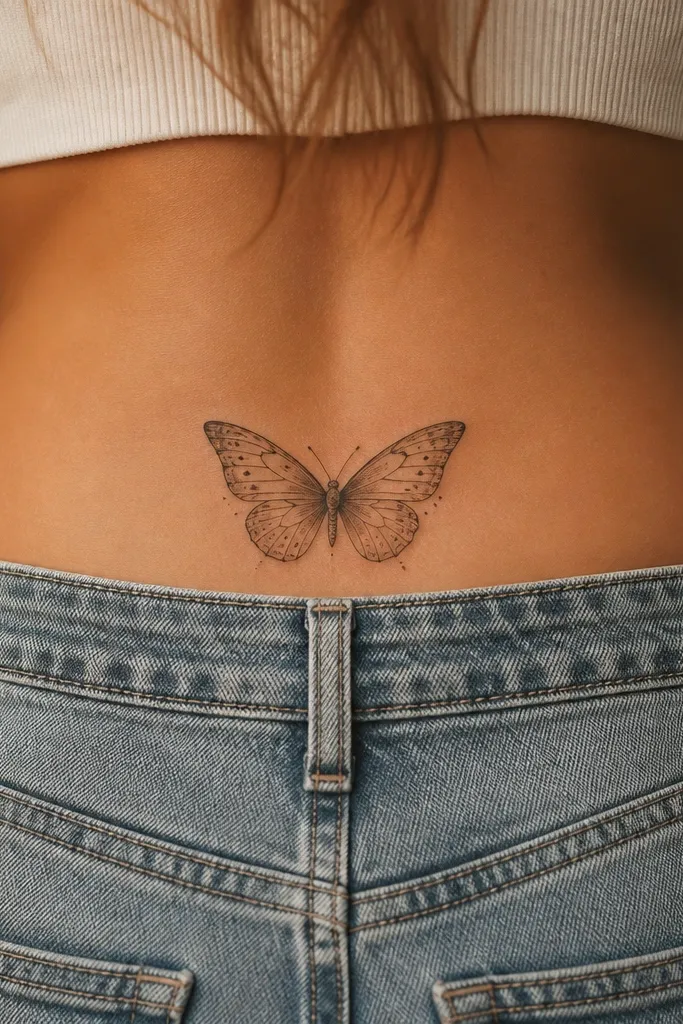 Two symmetrical butterfly wings spread horizontally on the upper butt crease, with clean outer linework and small dot clusters inside each wing. The body is a slim vertical line in the center.