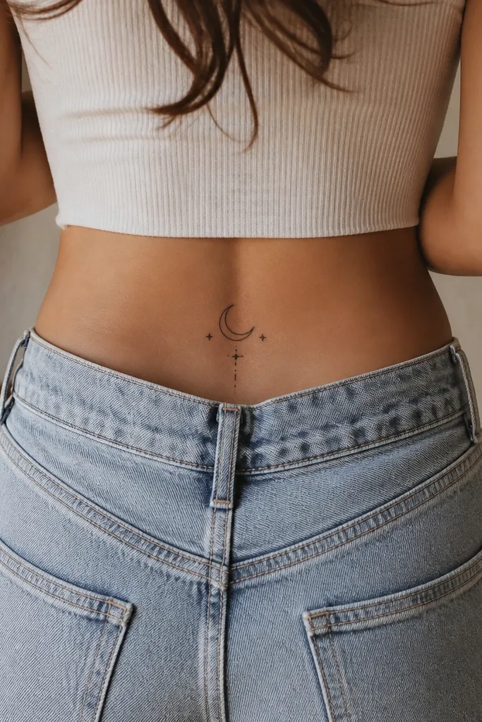 A small crescent moon in fine black linework centered on the upper butt crease, with two tiny five-point stars near the outer curve on the right side. The left side stays mostly clean.