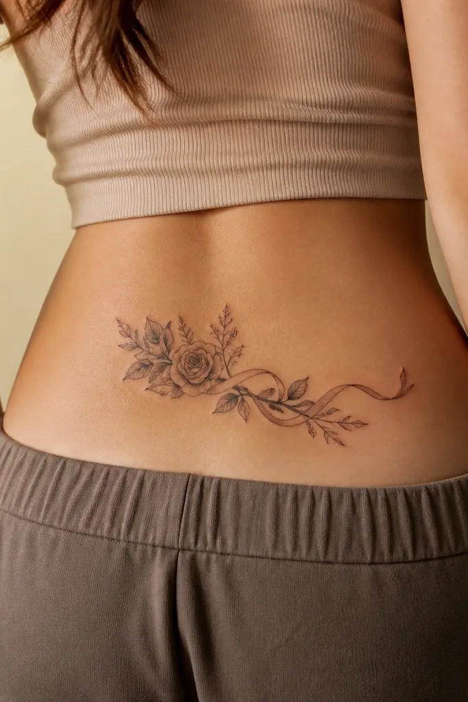 Three small roses arranged in a diagonal line from higher left to lower right across the upper butt crease, connected by a thin ribbon banner. The petals are outlined with light gray stipple shading.