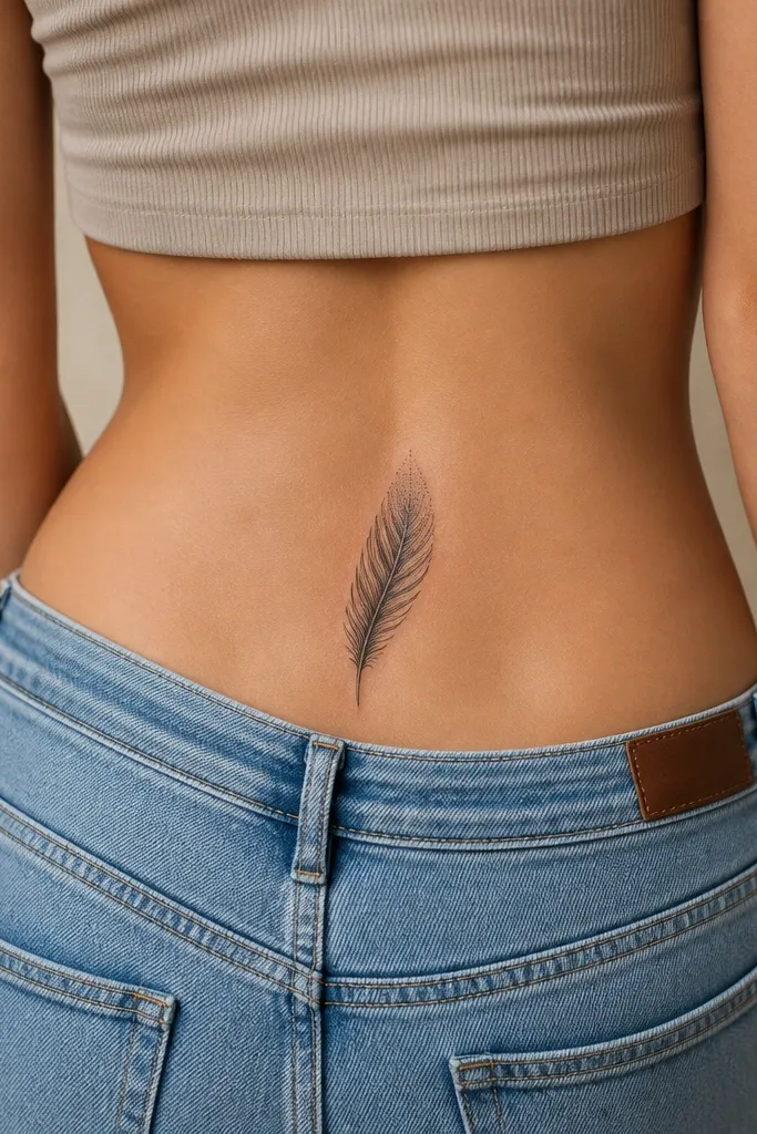 A single feather quill spans horizontally across the upper butt crease, with the quill shaft curving slightly. The barbs are outlined in fine black, and the feather has a dot gradient that gets denser near the base.