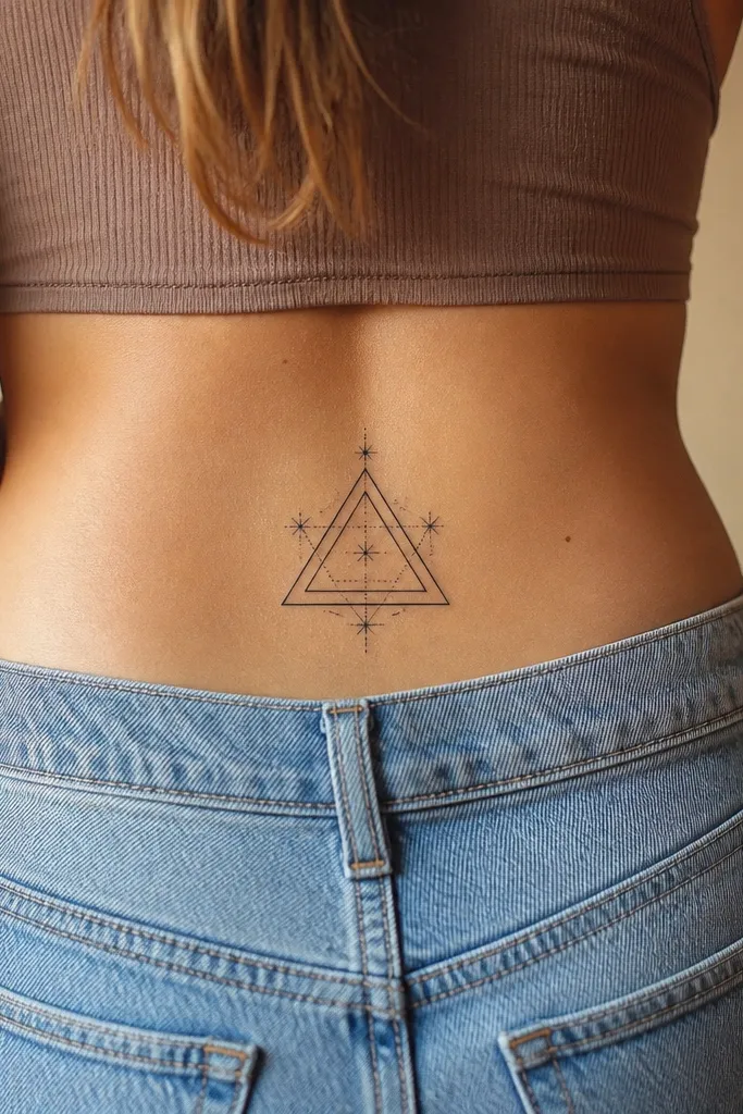A crisp black outline triangle sits centered, with a second inner triangle offset slightly. Inside the inner triangle are micro straight lines and tiny dots forming a minimal pattern.
