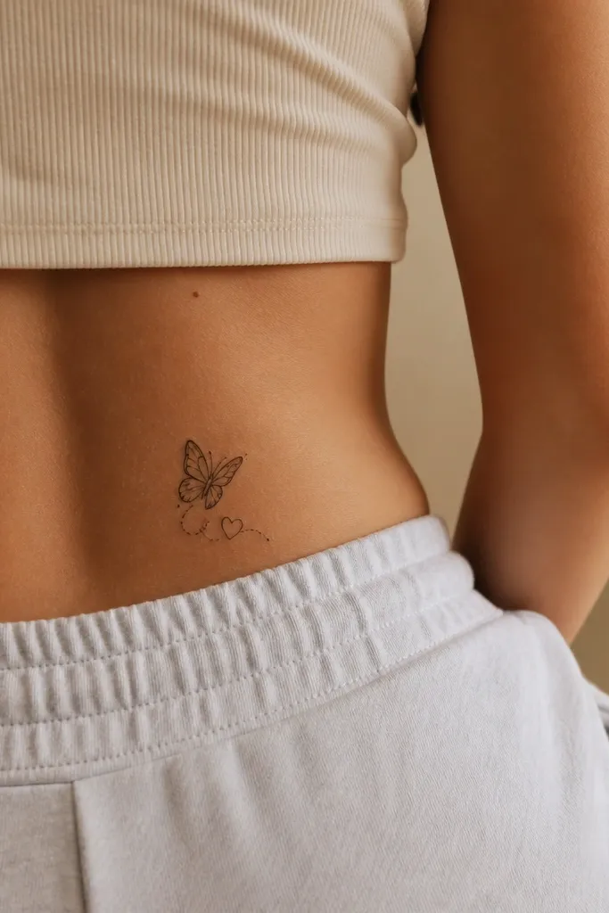A small black butterfly perched on a tiny heart near the right side of the upper butt crease. The butterfly wings have fine linework with a few dot accents.