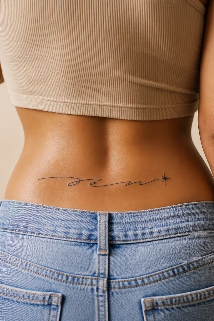 A single-line cursive name across the upper butt crease, with an underline that ends in three small spark shapes. The underline is slightly thicker than the script strokes.