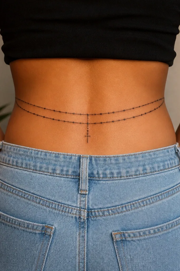 Two parallel rows of tiny bead circles run horizontally across the upper butt crease, connected by a few small links. In the center hangs a short cross drop with clean linework.