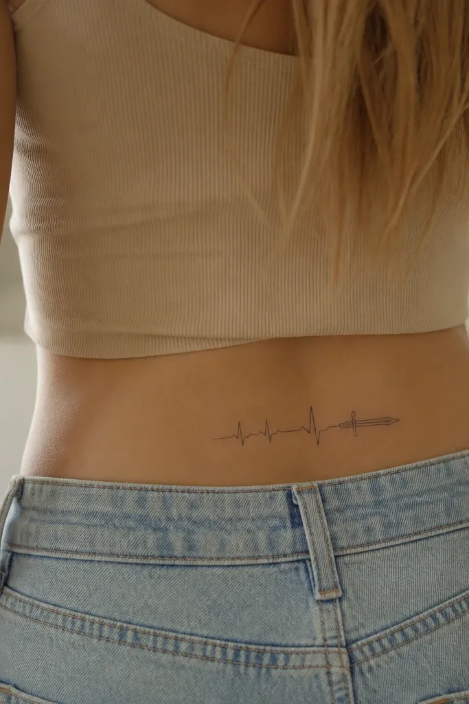 A thin heartbeat line runs across the upper butt crease, rising into a sharp peak and ending in a small dagger-like arrow tip. A few tiny dot accents sit near the peak.