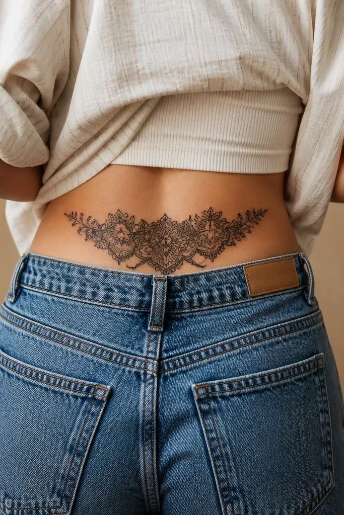 A lace-like rectangular panel sits across the upper butt crease, with openwork curls and small floral corner motifs. The center has more open negative space, and the edges are outlined more firmly.