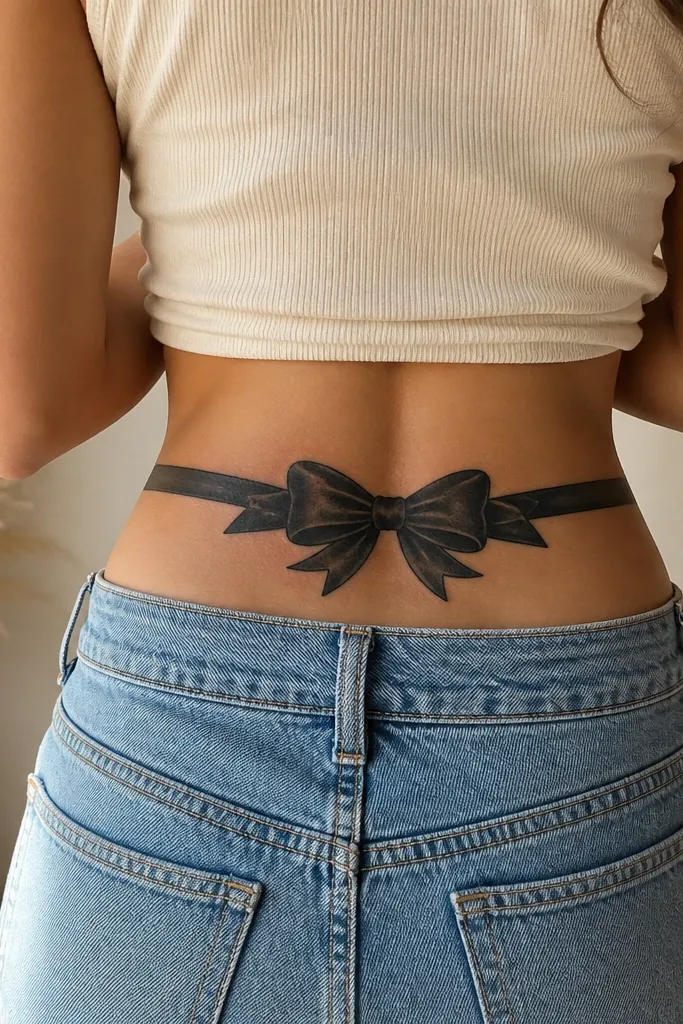 A horizontal black band sits across the upper butt like a bow, with a thicker center knot and two tapered ends. The bow has a sharp outer outline and clean edges with light skin showing only around the band's perimeter.