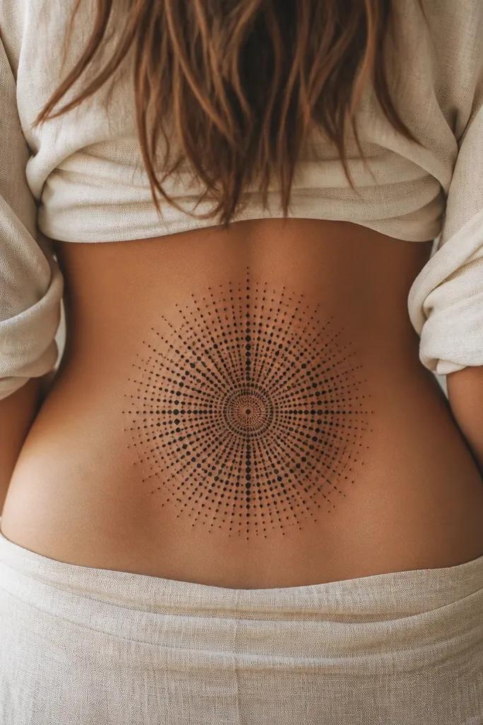 A symmetrical mandala on the lower back made of dense black dots. The center has a small circular hub, then rings of dots get larger. A few rays are longer and darker, while outer dots fade slightly into lighter gray.