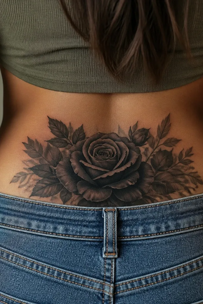 A single rose centered on the tramp stamp. Petals are mostly deep black and charcoal with a few controlled red-brown accents near the inner bloom, and the stem wraps lightly around the center.