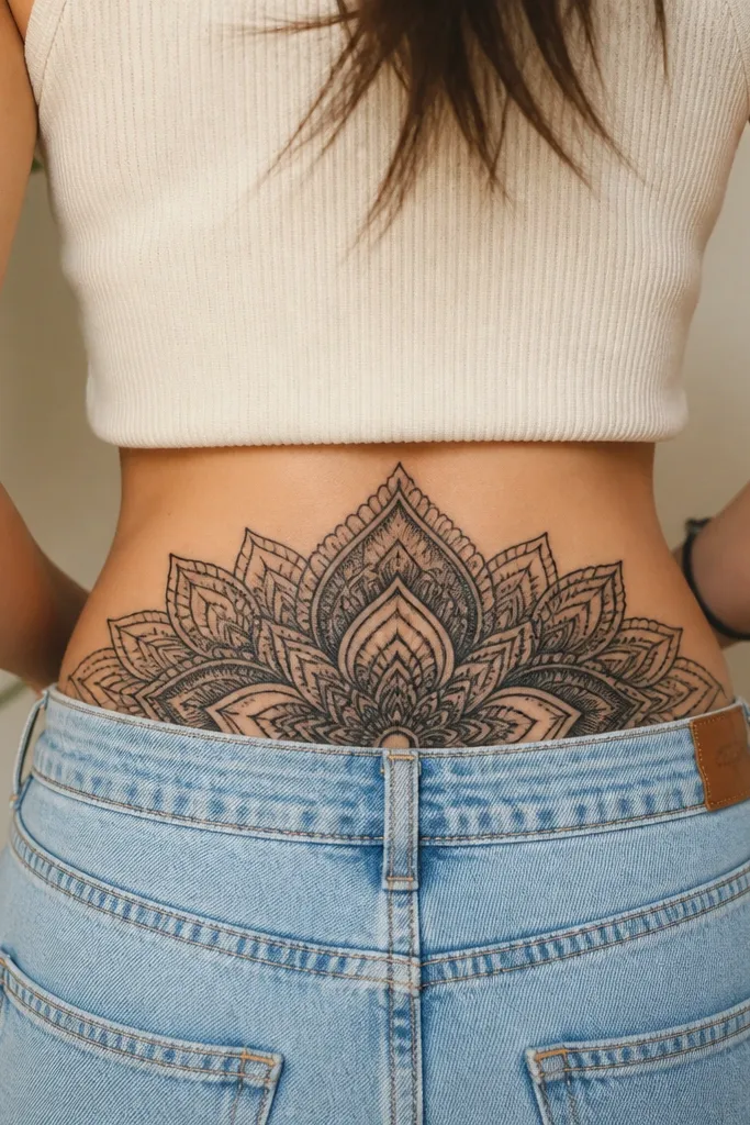 A half mandala is placed across the top of the tramp stamp, with symmetrical dot clusters and small geometric rings. The outer edge is thicker, while the center has denser dot work and negative space gaps in between.