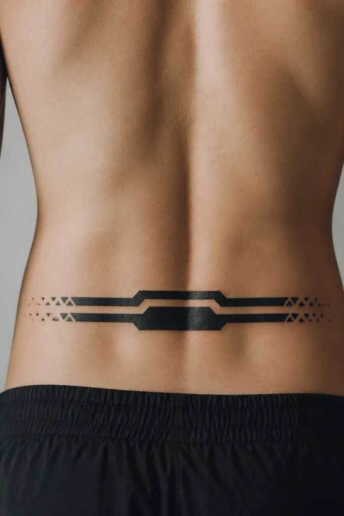 A horizontal geometric design across the lower back: two thick black bands with angular corners. In the middle are larger filled blocks that cover the old tattoo area. The outer edges fade into small triangular dots.