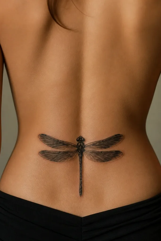 A dragonfly centered on the lower back. The wings are filled with dark black gradients and shadow patches. The body is a narrow black line with a few small gray highlights, and the tail section has a darker shadow underlay.