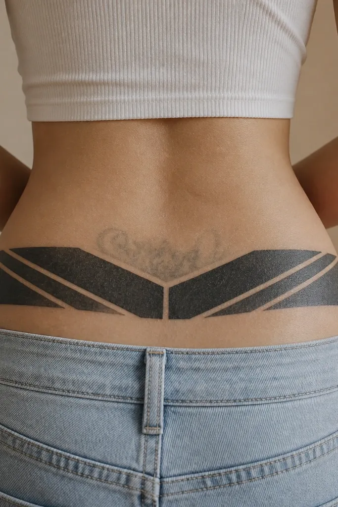 A patchwork of angular black shapes forms a V-like pattern. Inside the black, there are sharp angled highlight gaps where skin shows, plus small gray shading gradients at the edges of the shapes.