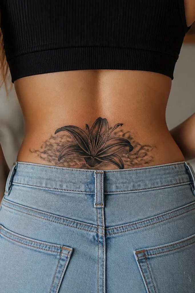 A lily sits diagonally, with a thick black outline and solid black petals. Around it, soft gray smoke shading fans outward, fading into the surrounding skin.
