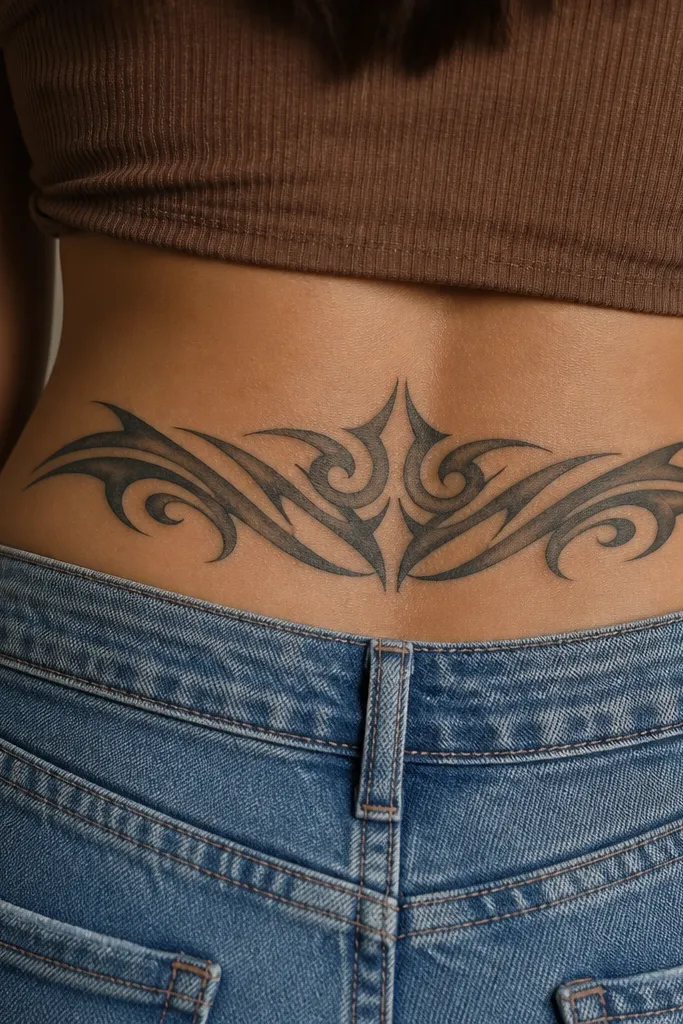 A tribal-style pattern is redrawn with thick black bands and smoother gray gradients. The design has bold curves and fewer internal details than typical tribal tattoos.