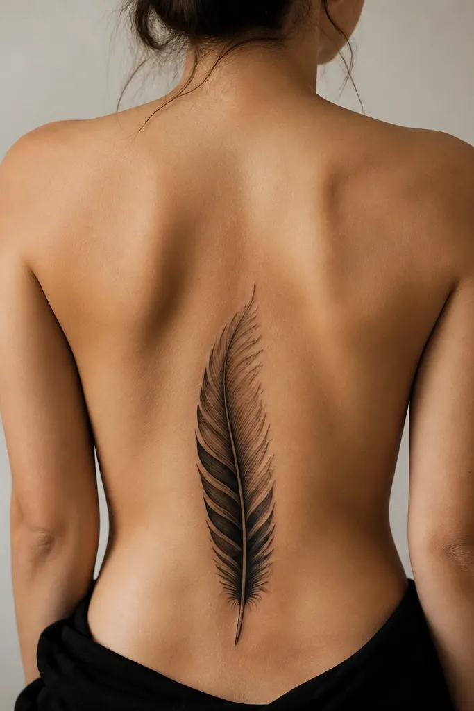 A feather running vertically on the lower back. The quill base is solid black, and the feather barbs are layered in dark gray and black bands. The outer edge fades into smaller, lighter barbs.