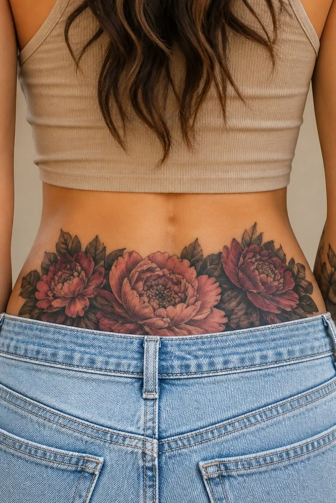 A peony cluster fills the tramp stamp area with layered petals. The foundation is mostly dark black and charcoal, with visible peach, dusty pink, and muted burgundy packed into the petal centers.