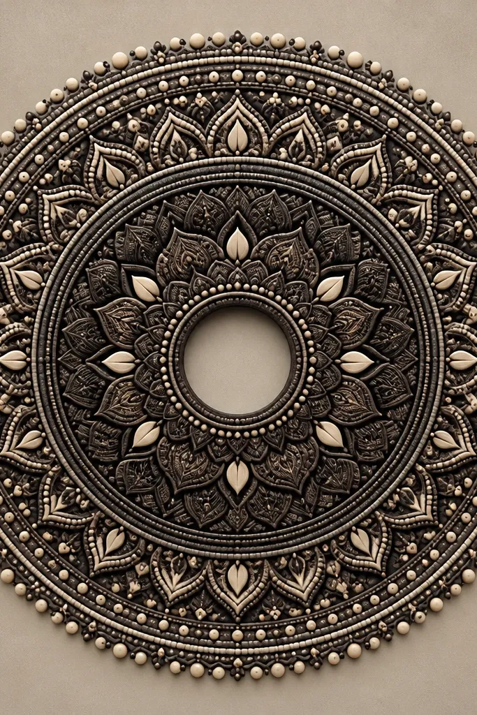A circular mandala frame with a clear border. The outer rings are mostly dotted and patterned. The center area is darker and more filled, with a few lighter accent shapes like small teardrops.