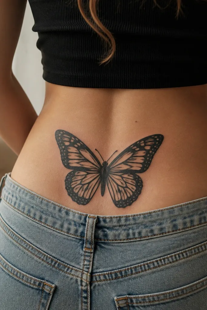 A butterfly is centered on the tramp stamp. The wings are mostly solid black, with two curved negative spaces shaped like thin crescents near the top edges of each wing.