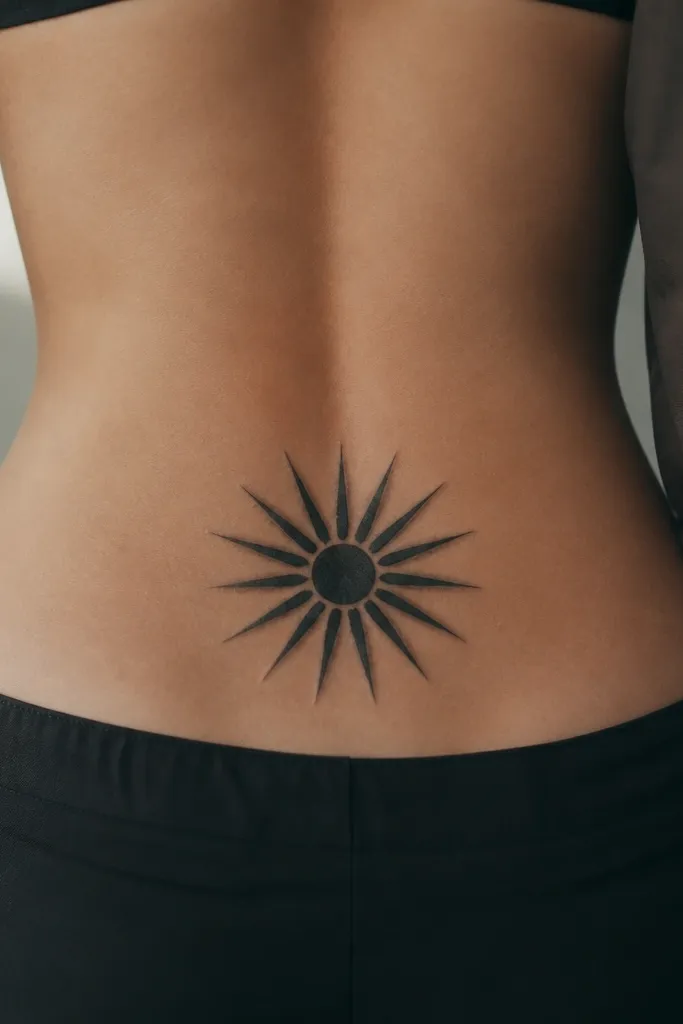A starburst tattoo centered on the lower back with 10-14 thick rays radiating outward. The center is a solid dark circle. The rays have a slight gray gradient at their edges.