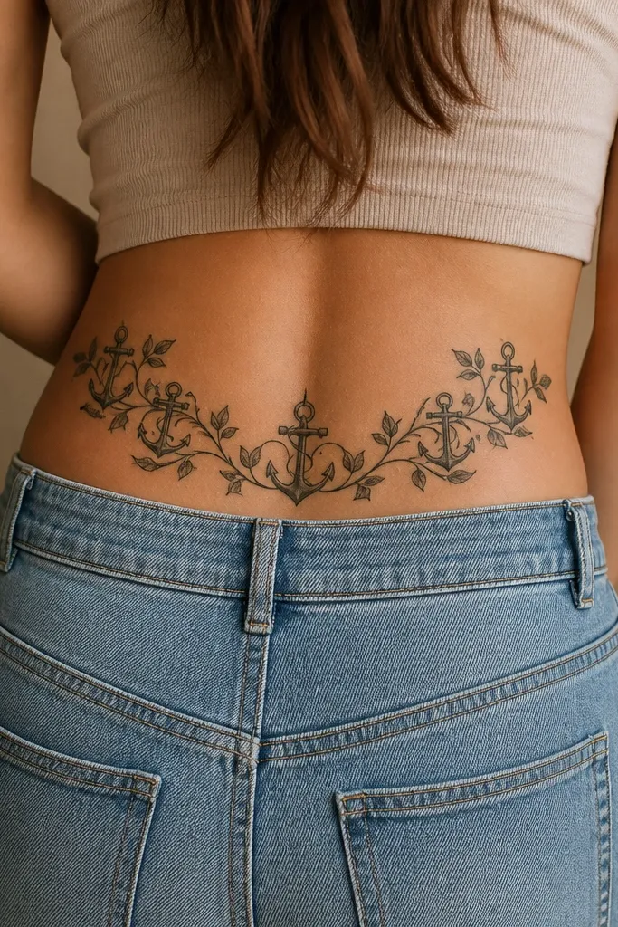 A vine wraps around the edges of the tramp stamp zone like a picture frame. The center has darker filled shapes that look like leaves, while the vine lines are thicker and shaded, with small gaps of skin near the outer frame.
