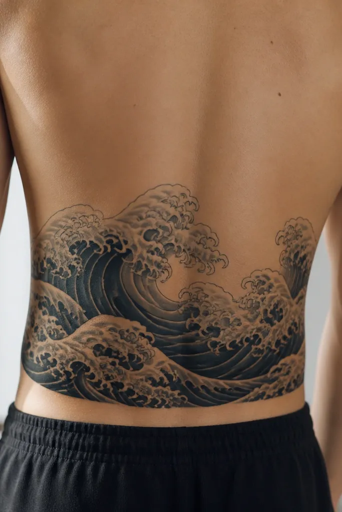 A set of curved Japanese-style waves wrapping across the lower back. The waves are dark navy-black with gray foam lines. The design wraps from left to right, with a few foam clusters covering the center area.