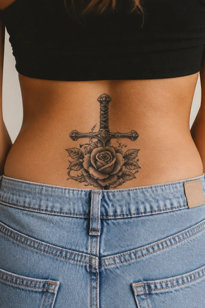 A small sword crosses over a rose, forming a gentle X shape. The sword hilt and crossguard are solid black, while the rose has charcoal petals and minimal red-brown accents.
