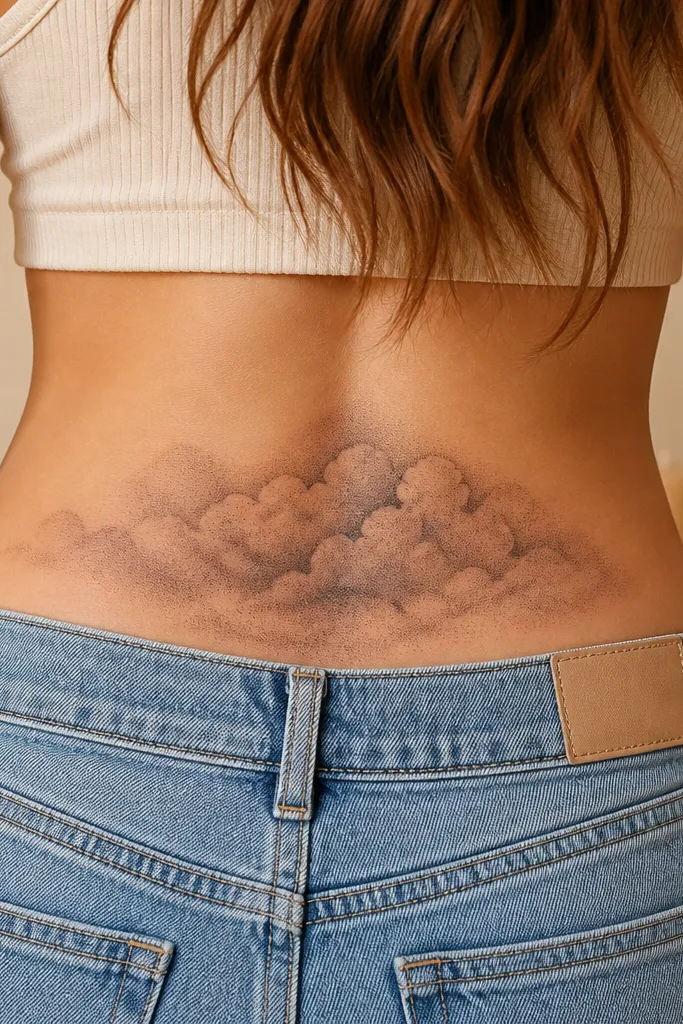 A soft cloud shape is made from dense dotwork in the center fading outward. Behind it, you can see that the script is gone or covered, with no clear lines showing through.