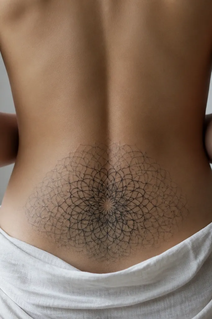 A lower-back tattoo with a rosette pattern. It looks like a black mesh net with repeated flower-like loops. The center has heavier black rosettes, and the outer edges fade into lighter gray mesh.