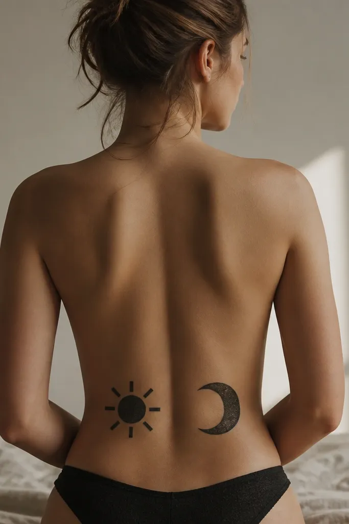 A sun on one side and a moon on the other, both centered on the lower back. The moon has a thick crescent shape with dark shading. The sun has short thick rays and a solid center circle.