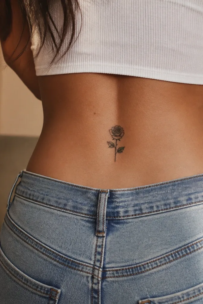 A small black rose tattoo centered on the upper back, with one leaf filled in muted forest green. The rose has thick, dark petals and a thin stem that curls outward slightly.